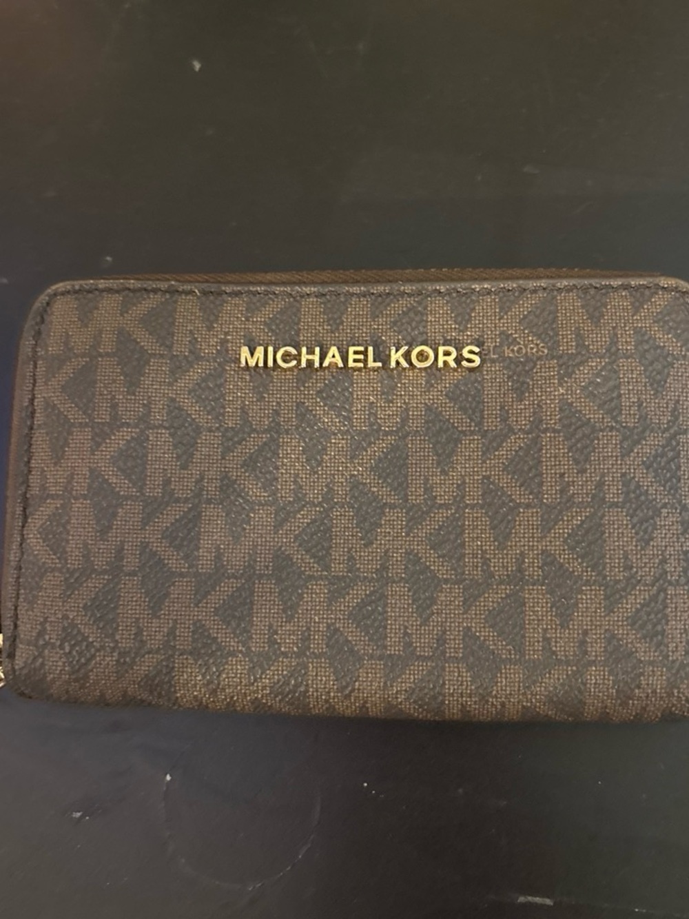 Michael Kors Brown Logo Zip-Around Wallet with Gold Hardware
